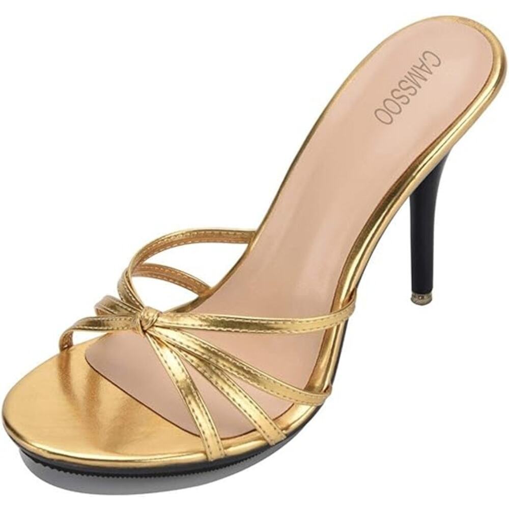 Camssoo Womens Size 8 Gold 4.5" Heels PU Leather Slip On Open Round Toe Shoes